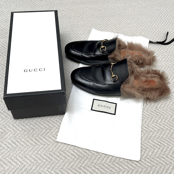 Gucci Shoes - GUCCI “Princetown” Fur Lined Black Leather Mules